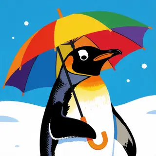 A penguin holding a colorful umbrella