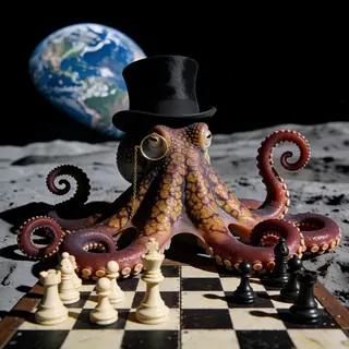 An octopus wearing a top hat and monocle playing chess on th