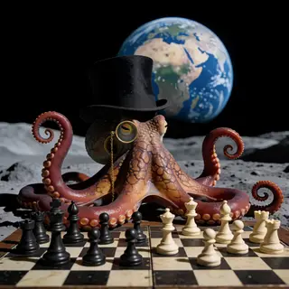 An octopus wearing a top hat and monocle playing chess on th
