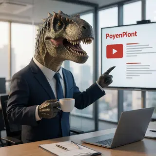 A dinosaur in a business suit giving a PowerPoint presentati