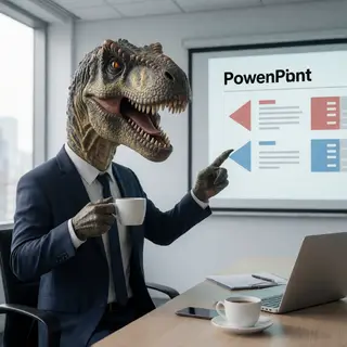 A dinosaur in a business suit giving a PowerPoint presentati
