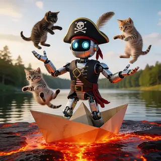 A robot dressed as a pirate sailing a paper boat on a lake o