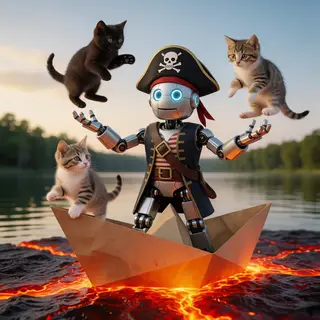 A robot dressed as a pirate sailing a paper boat on a lake o