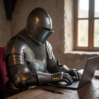 A medieval knight in full armor sitting at a desk typing on 