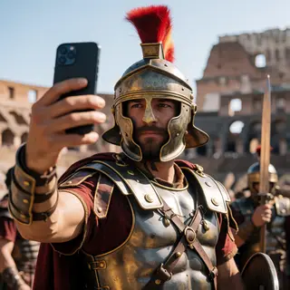A Roman gladiator taking a selfie with a smartphone in the C