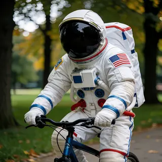 An astronaut in a spacesuit riding a bicycle through a park