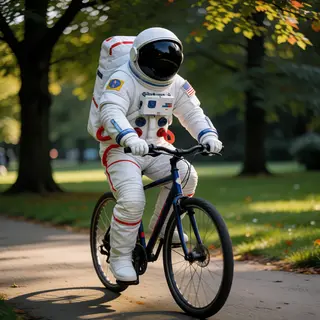 An astronaut in a spacesuit riding a bicycle through a park