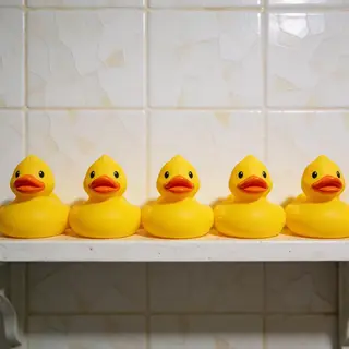 Exactly 5 yellow rubber ducks sitting in a row on a bathroom