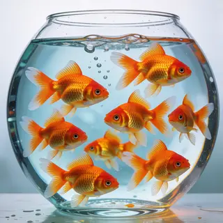 Exactly 9 goldfish swimming in a large round fishbowl