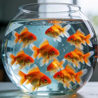 Exactly 9 goldfish swimming in a large round fishbowl