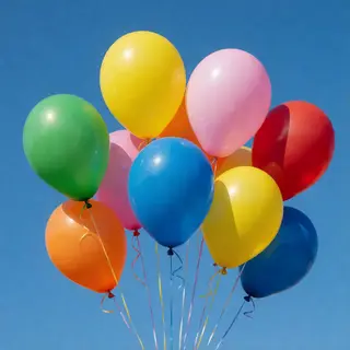 Exactly 11 colorful balloons floating against a clear blue s