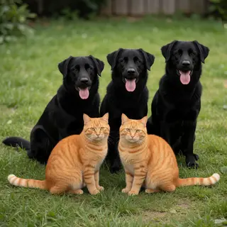 2 orange cats and 3 black dogs sitting together on a grassy 