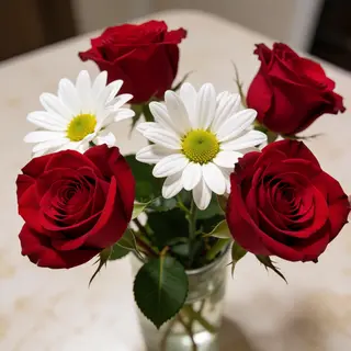 4 red roses and 2 white daisies in a glass vase on a table