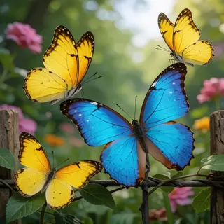 1 blue butterfly and 3 yellow butterflies resting on a garde