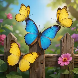 1 blue butterfly and 3 yellow butterflies resting on a garde