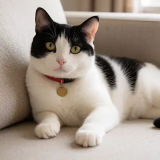 A cat lying on a couch without a collar