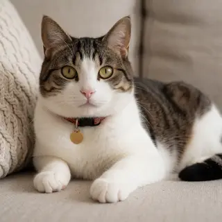 A cat lying on a couch without a collar