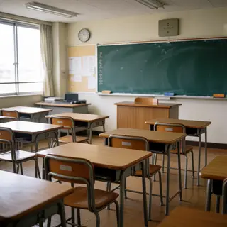 A classroom with desks and a chalkboard but no students