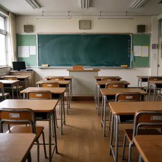 A classroom with desks and a chalkboard but no students