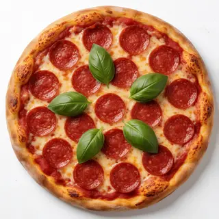 A pepperoni pizza with tomato sauce, basil, and crust but ab