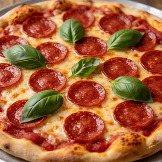 A pepperoni pizza with tomato sauce, basil, and crust but ab