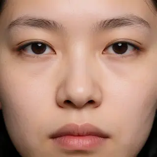 A human face with eyes, nose, and mouth but no eyebrows