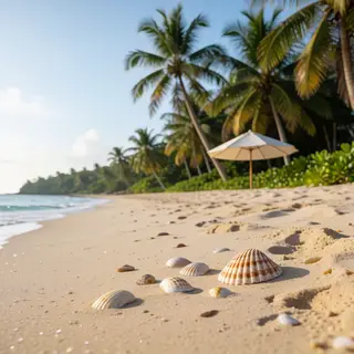 A sandy beach with palm trees, seashells, and a beach umbrel