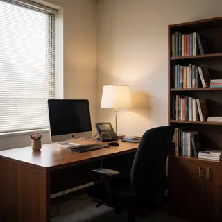 An office workspace with a desk, chair, bookshelf, and lamp 