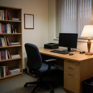 An office workspace with a desk, chair, bookshelf, and lamp 