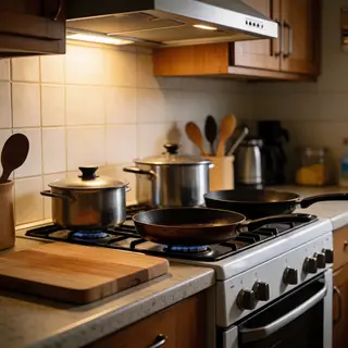 A kitchen with pots, pans, a stove, and a cutting board but 