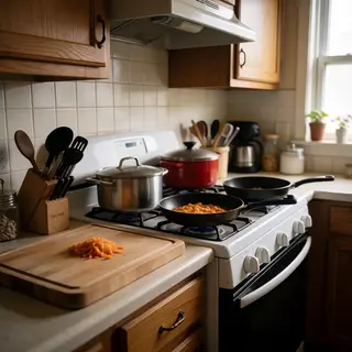 A kitchen with pots, pans, a stove, and a cutting board but 