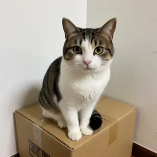 A cat sitting on top of a cardboard box