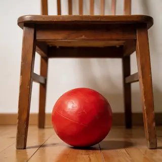 A red ball underneath a wooden chair