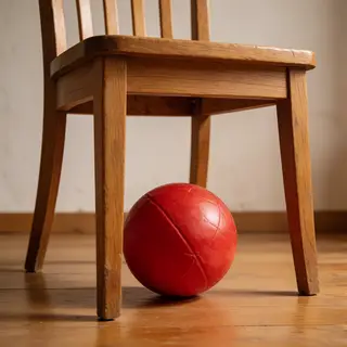 A red ball underneath a wooden chair