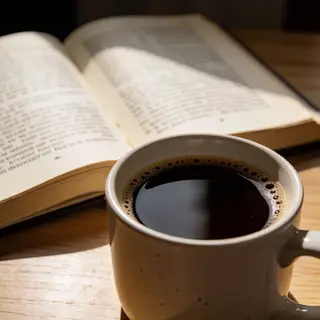 A coffee mug next to an open book on a desk