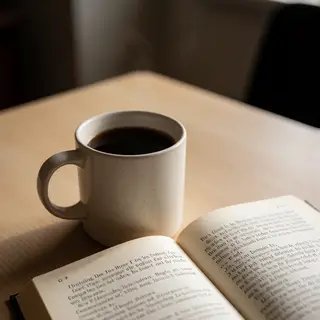 A coffee mug next to an open book on a desk