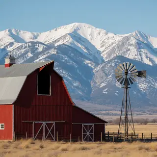 A landscape with a red barn in the foreground at large scale