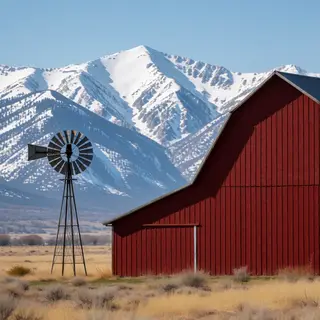 A landscape with a red barn in the foreground at large scale