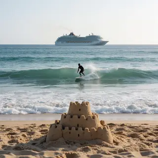 A beach scene with a sandcastle in the foreground, a surfer 