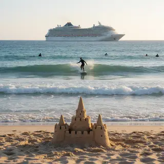 A beach scene with a sandcastle in the foreground, a surfer 