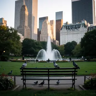 A city park with a park bench and pigeons in the foreground,