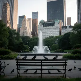 A city park with a park bench and pigeons in the foreground,