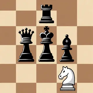 Five chess pieces on a board: a king in the center, a queen 