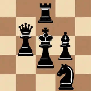 Five chess pieces on a board: a king in the center, a queen 