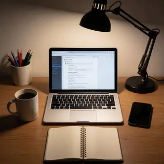 A desk scene: laptop in the center, coffee mug to the left, 