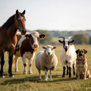 Five animals in a field: a horse on the far left, a cow to t