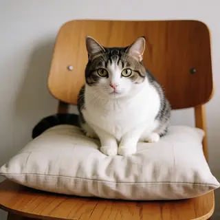 A cat sitting on a pillow, the pillow placed on a wooden cha