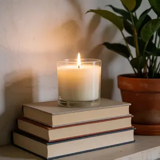 A candle on top of a stack of books, the books next to a pot