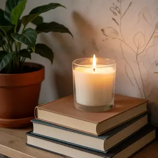 A candle on top of a stack of books, the books next to a pot