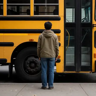 A person standing next to a yellow school bus, showing reali